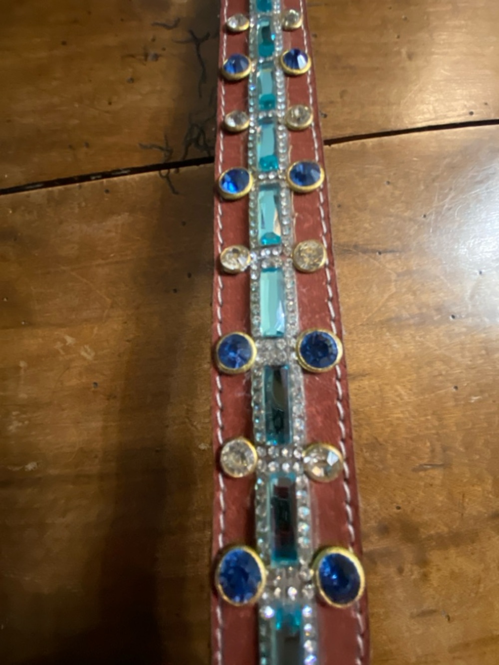 HANDCRAFTED Belt Turquoise and Blue sequins silver tone buckle size 26